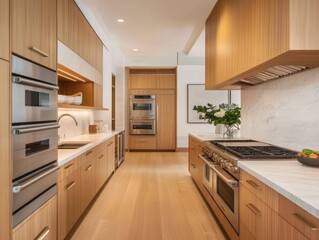 Modern kitchen interior showcasing light wood cabinets and appliances