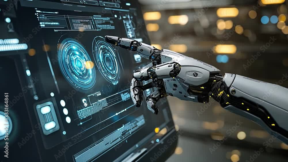Poster futuristic robotic hand showcases advanced touchscreen technology and digital interfaces, highlighti