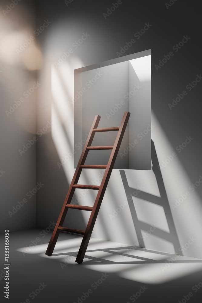Poster mysterious wooden ladder leaning against an open square window casting intriguing shadows in a dimly