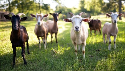 Fototapeta premium A group of goats grazes peacefully in a lush green grass field.