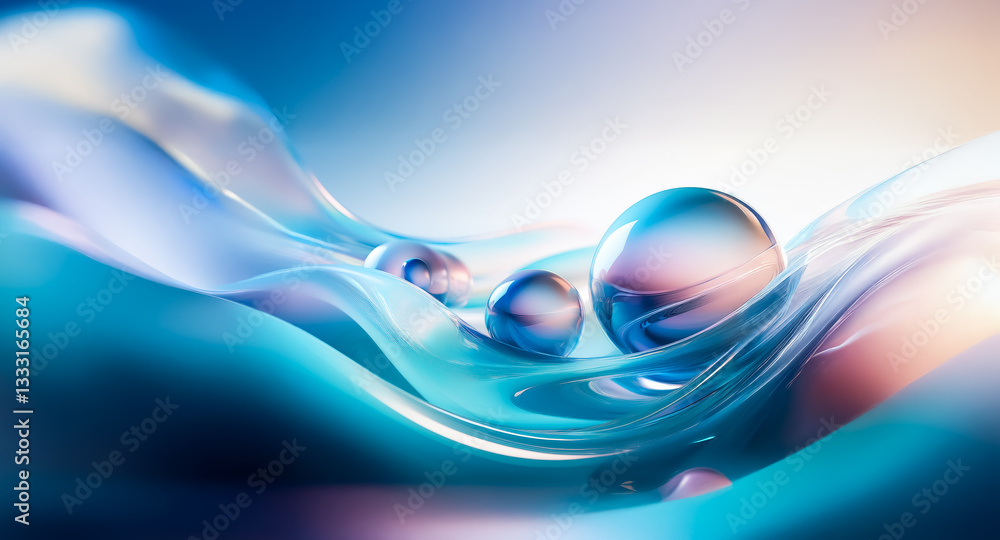 Poster abstract image of spheres resting on flowing, translucent waves of blue and white with soft pink lig