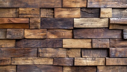 A detailed view of a wooden wall featuring numerous distinct wooden blocks.
