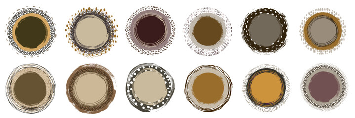 Hand painted round vector texture shapes labels, frames and borders with brown and beige lines, dots, scribbles abstract graphic design elements