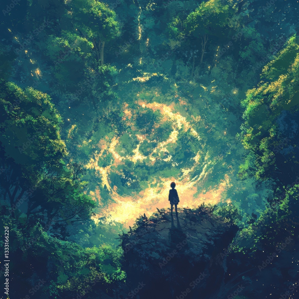 Poster mysterious forest scene with character and ethereal light effects