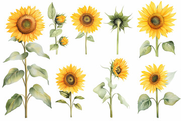 Sunflower Collection: A vibrant watercolor collection of sunflowers, each meticulously detailed to showcase the sunflower's beauty, from full bloom to budding stage, exuding warmth and cheerfulness.