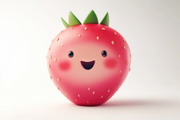 Obraz premium A happy cartoon strawberry with a smiling face and green leaves on top.