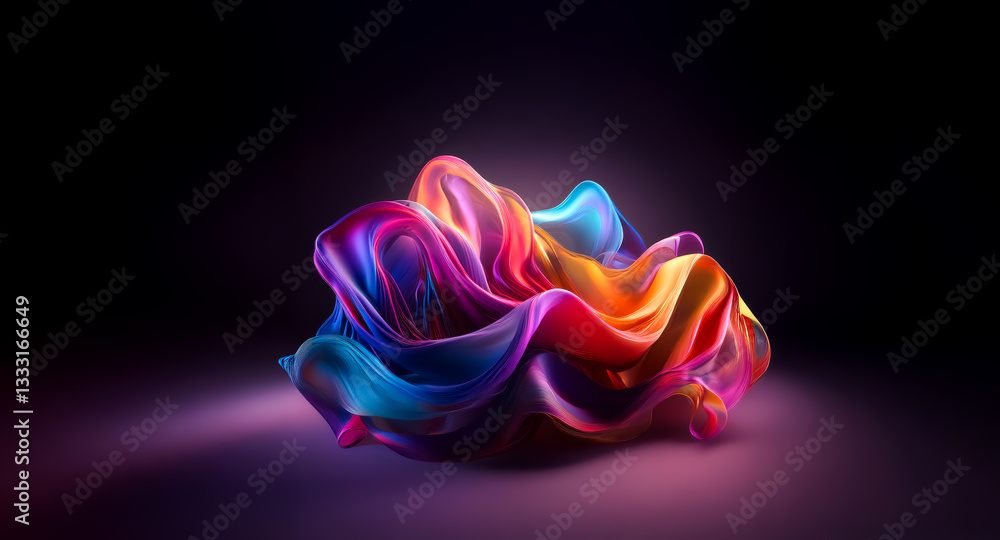 Poster a vibrant abstract form sculpted in digital light bursts from the dark backdrop. colors flow and ble
