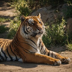 A tiger resting under a bright summer sun, lazily enjoying the warmth.