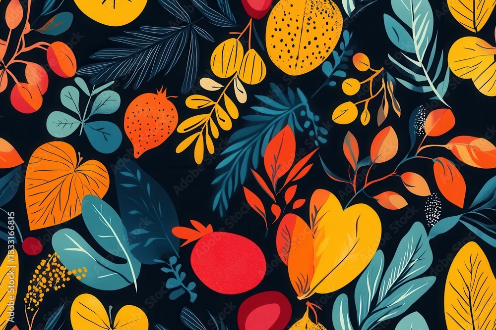 Poster Colorful seamless pattern featuring an array of fresh fruits and vegetables in a modern flat style for vibrant and appealing design projects