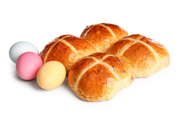 Easter cross buns with eggs on white background