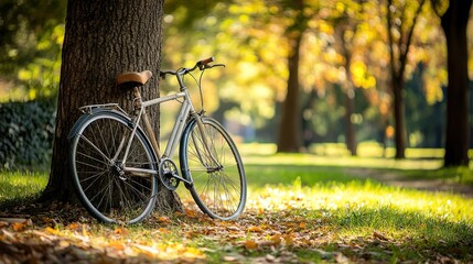 Fototapeta premium A bicycle rests by a tree, symbolizing simplicity and connection with nature.