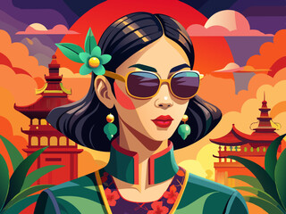vector of  elegant an Asian woman with sunglasses and style generative ai