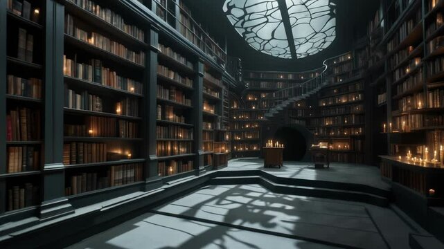 Mystical dark library with candlelit bookshelves and gothic architecture


