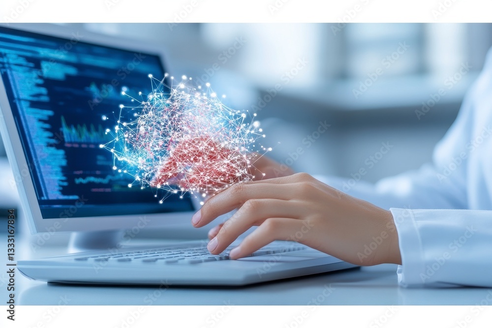 Poster data cloud emerging from laptop screen hands typing on keyboard