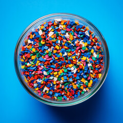 Glass Bowl with Multicolored Plastic Pellets on Vibrant Blue Background