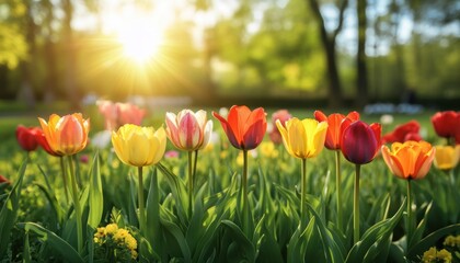 Obraz premium Vibrant tulips bloom in a lush green field under the warm sun filtering through trees.