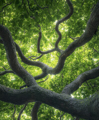 Naklejka premium Twisting branches of lush green tree create vibrant canopy