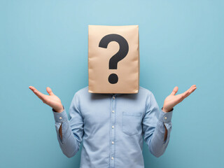 Person with a paper bag featuring a question mark over their head, shrugging in confusion against a blue background.