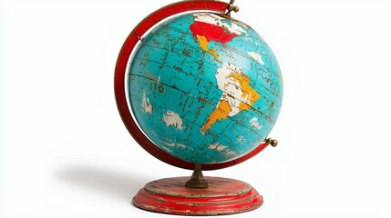 Distressed Vintage Teal and Red Globe on White Background
