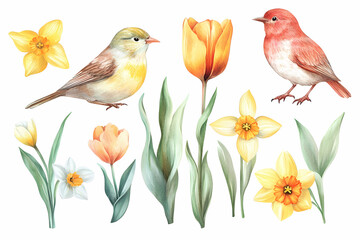 Watercolor Birds and Blooms: A delightful watercolor illustration featuring charming birds alongside vibrant tulips and daffodils, capturing the essence of spring's beauty.