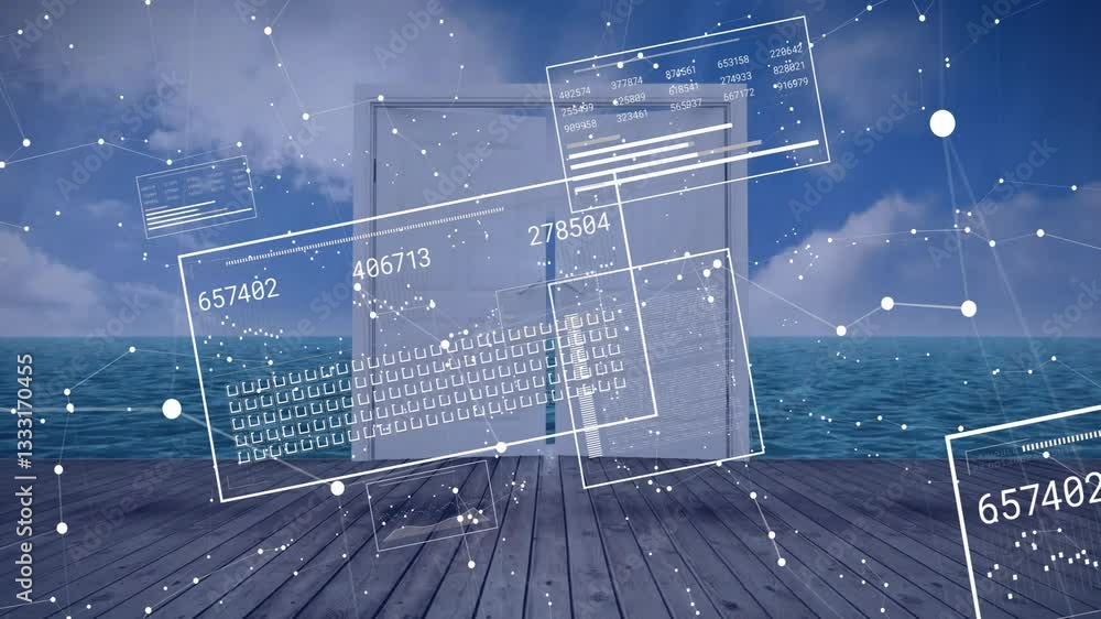 Poster digital data and network connections animation over ocean view from wooden deck
