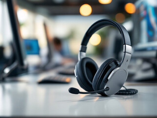 Modern headset on a busy office desk, blurred background, professional workspace, technology, and communication focus.