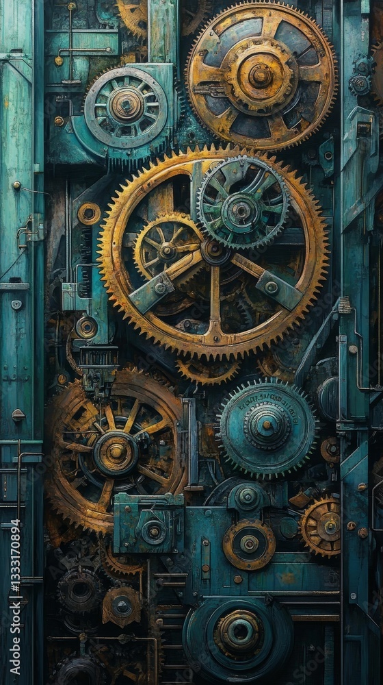 Poster intricate gears machine steampunk clockwork mechanisms system