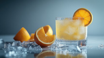 Refreshing citrus cocktail garnished with orange slice.  A glass of icy, orange-colored drink, surrounded by fresh orange wedges and ice cubes, sits on a reflective surface