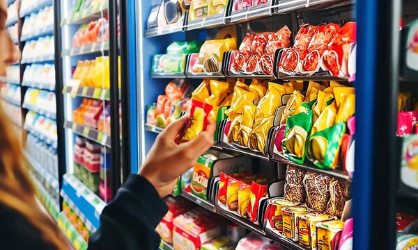 Woman selecting snacks from vending machine