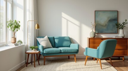 Mid Century Modern Living Room with Turquoise Lounge Chair and Wooden Chest
