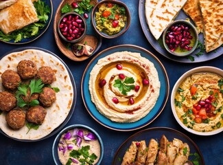Colorful Spread of Middle Eastern Dishes Featuring Fresh Ingredients, Sauces, Flatbreads, and Savory Meatballs on a Vibrant Table Setting