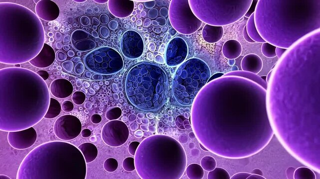 Vibrant abstract science of microscopic cells and molecules in purple hues, showcasing intricate texture and depth, creating mesmerizing patterns in biology.