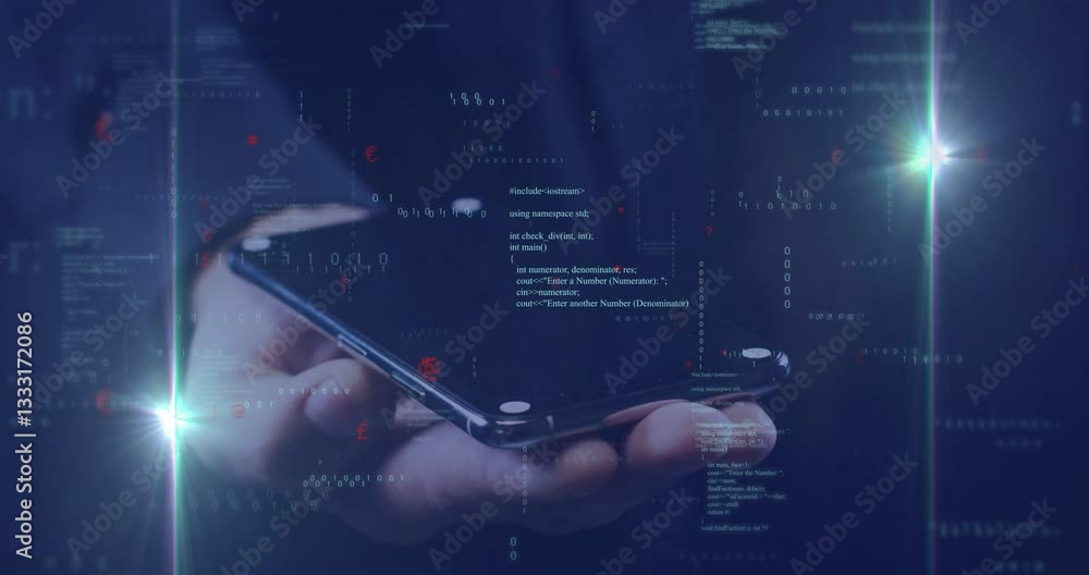Poster hand holding smartphone with digital code and data processing animation overlay