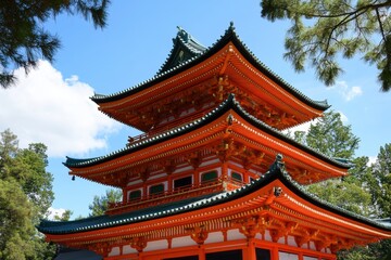 A tall pagoda features a striking red roof and a vibrant green roof.
