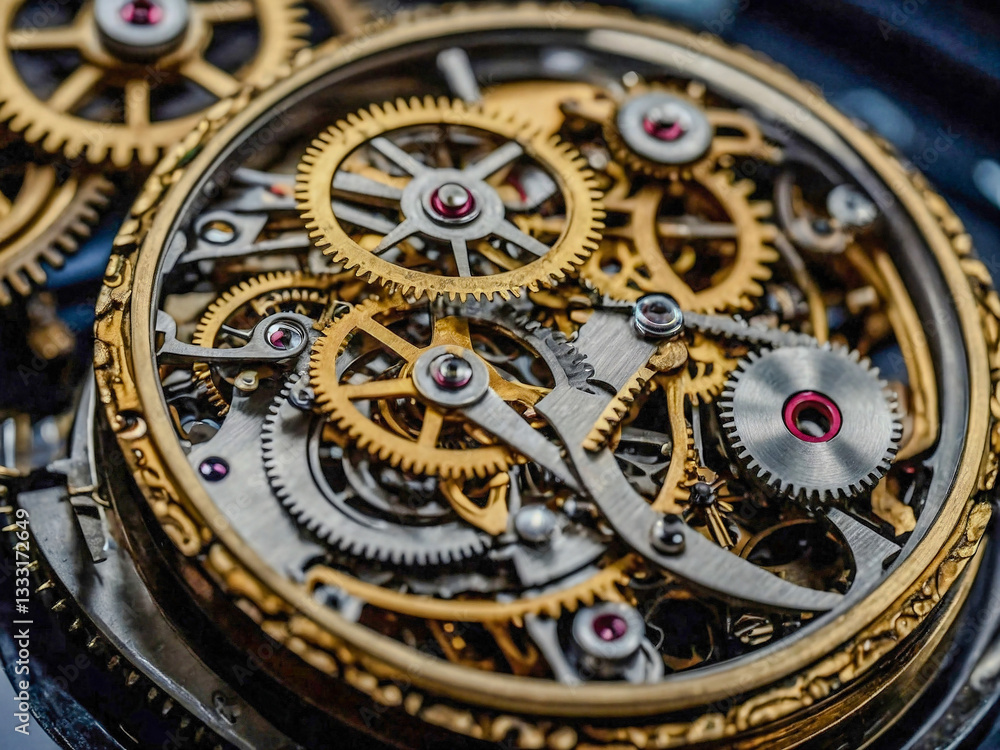 Poster intricate gears and mechanisms of a clock in detailed focus