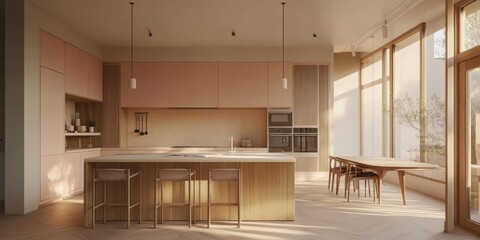 A modern kitchen design features light wood and neutral tones