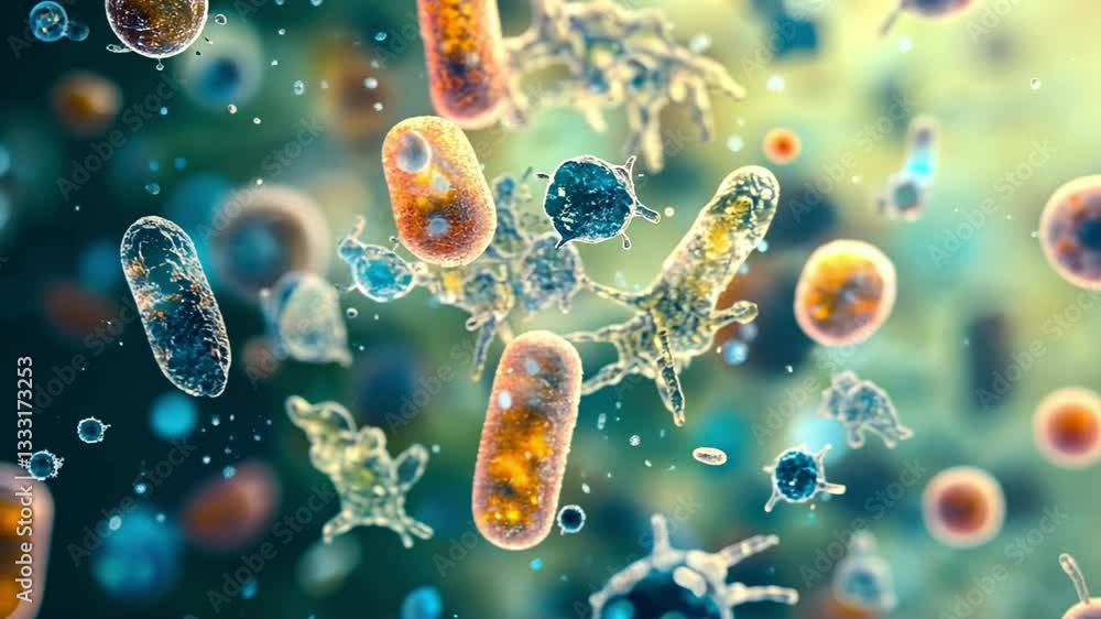 Poster colorful microscopic view of bacteria and microorganisms exploring diversity and complexity of micro