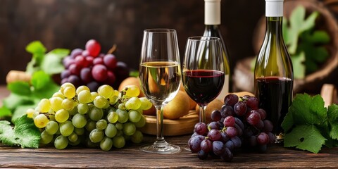Obraz premium Wine bottles and glasses surrounded by fresh grapes create an inviting atmosphere.