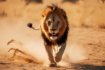 Male lion running towards camera
