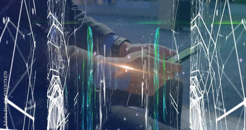 Poster using smartphone, hands interacting with digital network animation and data overlay