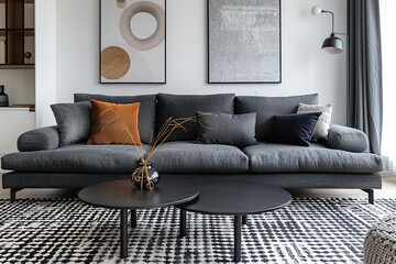Minimalist Interior Photo of the living room with a gray sofa and coffee table and white walls and rugs hanging with art frames. Generative AI
