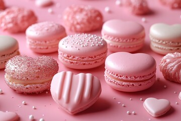 Fototapeta premium Heart shaped pink macaroons and cookies, Heart shaped macaronis with smooth, glossy pink background