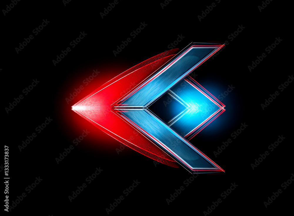 Poster abstract geometric design featuring a metallic red and blue shape with glowing light effects against