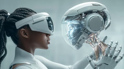 Futuristic Woman Interacting with Advanced Robot in a Minimalistic White Environment