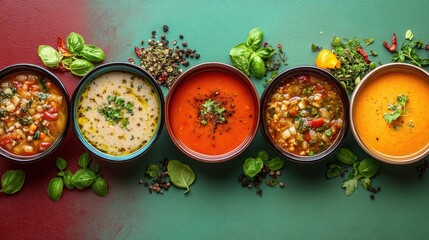 Colorful Array of Gourmet Soups with Fresh Ingredients Together