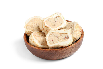 Bowl with sweet Turkish delight on white background. Ramadan celebration