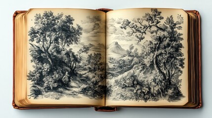 Vintage Engraved Book Pages with Nature Illustrations and Scenery