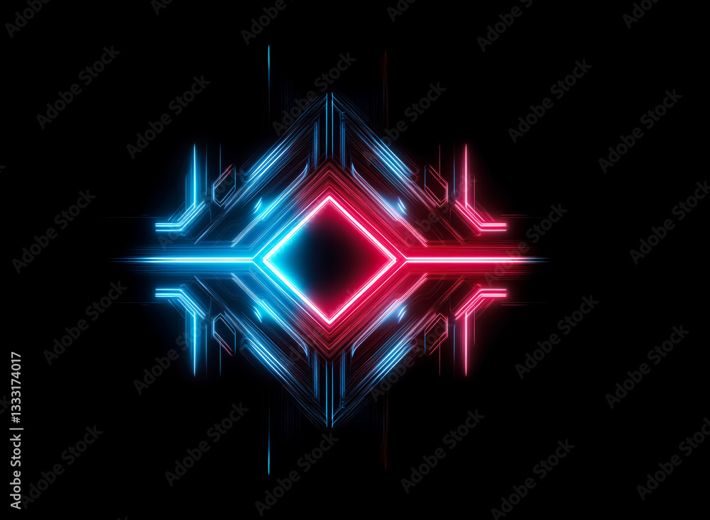 Poster abstract geometric shape with glowing blue and red neon lines on a black background. symmetrical and