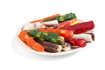 Plate with sweet Turkish delight on white background. Ramadan celebration