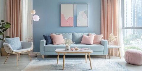 A modern and stylish living room interior with pastel colors